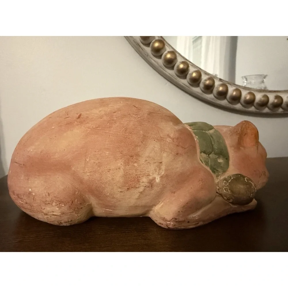 Vintage Hong Kong Terra Cotta Sleeping Cat Figurine Bell Collar 9